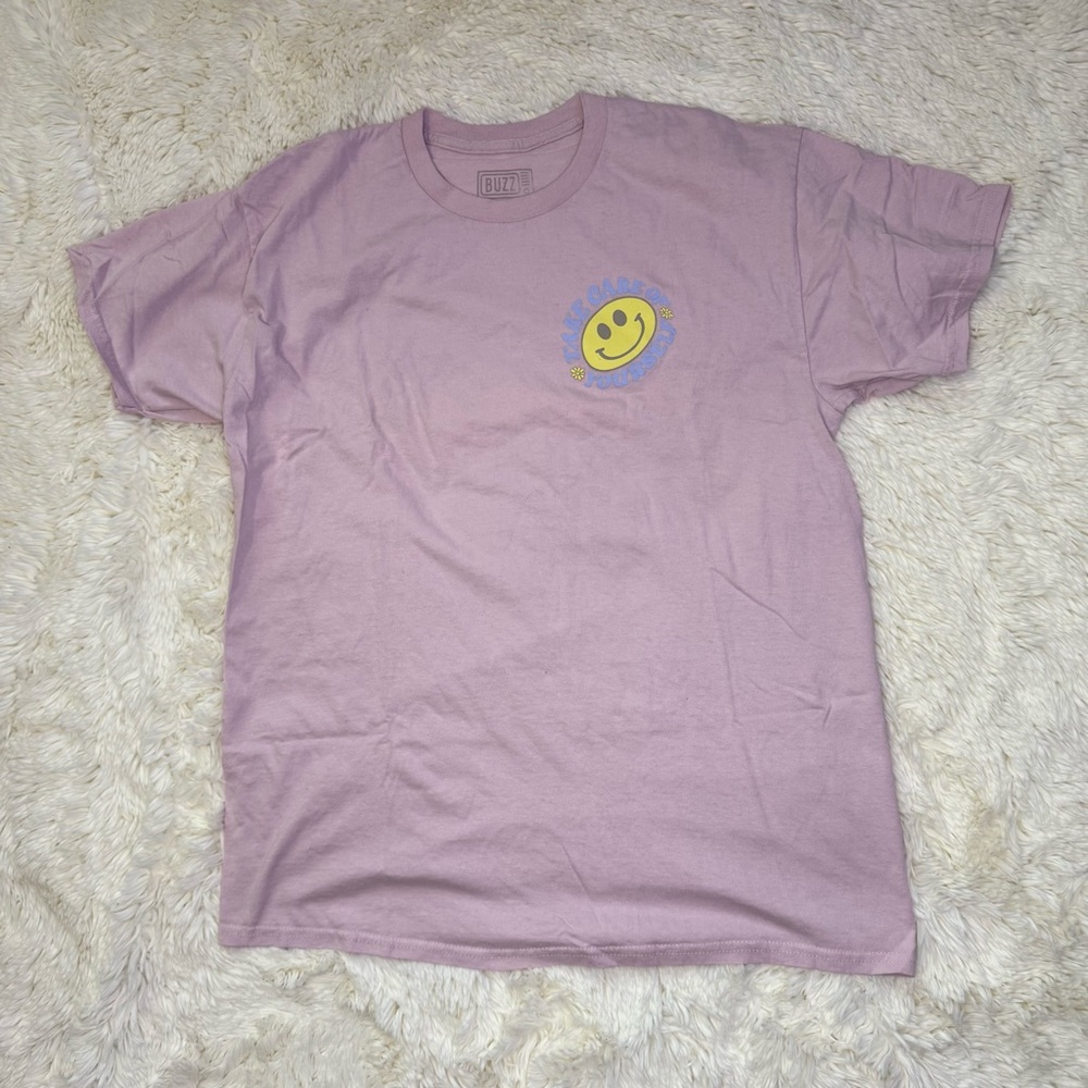 Buzz men’s Smiley Face Graphic Tshirt Light Purple large take care of yourself